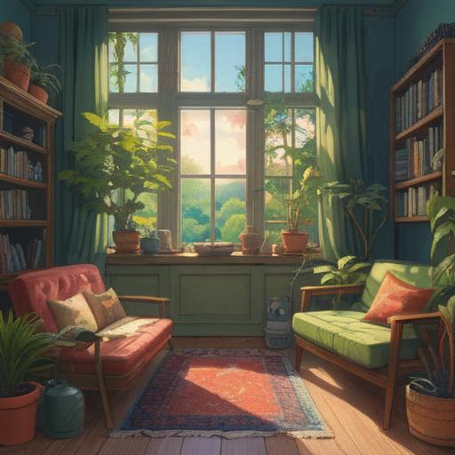 A cozy home scene, a person practicing daily rituals to attract good luck, sunlight streaming through a window, plants symbolizing growth and positivity, a journal opened with affirmations, a cup of tea to promote relaxation, cheerful colors, detailed texture of everyday objects, warm and inviting atmosphere, 4k
