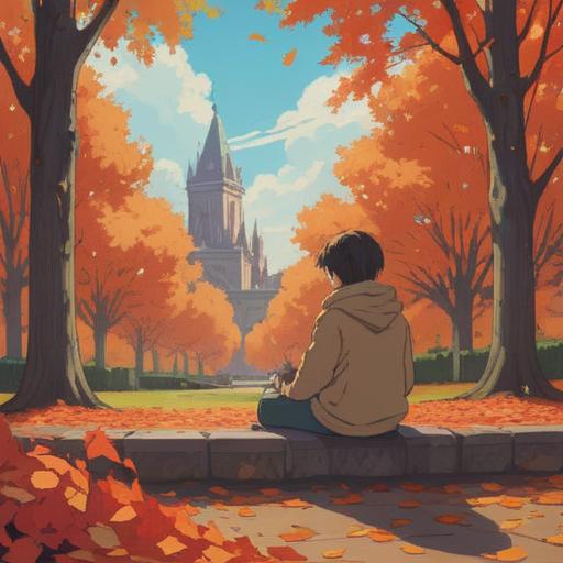 A contemplative scene depicting a person sitting alone in a serene park, surrounded by autumn leaves, reflecting on their interview experience, facial expression showing regret and realization, a notebook and pen in hand, gentle sunlight filtering through the trees, calming atmosphere, visual metaphor for self-reflection, 4k