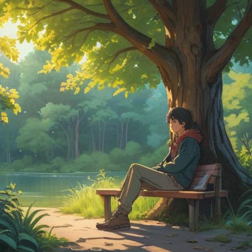 A serene and reflective illustration, a person sitting on a bench under a tree, looking contemplative, soft rays of sunlight filtering through the leaves, symbolic elements like butterflies representing transformation, gentle colors, a sense of calm and introspection, ethereal atmosphere, spiritual growth depicted, 4k
