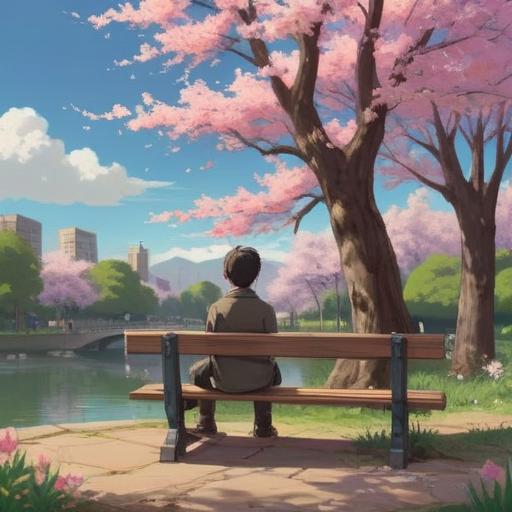 A serene and contemplative scene, a person sitting on a park bench under a blooming cherry blossom tree, gazing at the sky, light rays streaming through the branches, a gentle breeze rustling the petals, a feeling of hope and new beginnings, vibrant colors, soothing atmosphere, spiritual symbols subtly integrated into the background, 4k