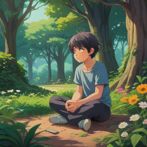 A serene and calming scene depicting a person sitting cross-legged in a peaceful park, surrounded by lush greenery and blooming flowers, practicing mindfulness and meditation, soft sunlight filtering through the trees, a gentle breeze, a sense of tranquility, inspiration for emotional reset, visual representation of letting go and reflection, 4k