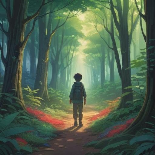 A serene forest path, soft light filtering through the trees, a person standing at a crossroads, looking contemplative, surrounded by ethereal spirit creatures, gentle mist in the air, symbolism of choices and intuition, calming atmosphere, vibrant greenery, 4k