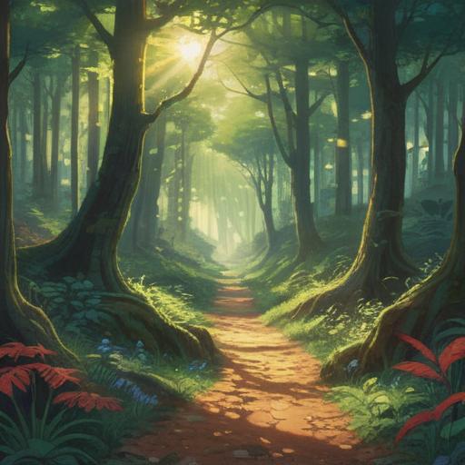A serene landscape featuring a winding path through a dense forest, sunlight filtering through the trees, a gentle breeze rustling the leaves, a feeling of contemplation and introspection, symbolic elements like a fork in the path representing choices, ethereal light suggesting spiritual guidance, tranquil atmosphere, 4k изображения