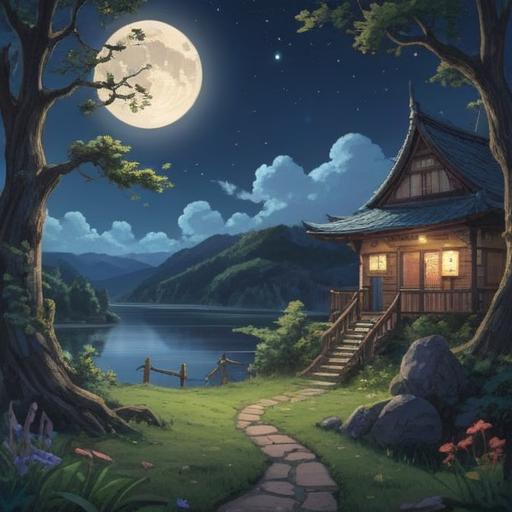 A tranquil night scene featuring a bright full moon, surrounded by sparkling stars and soft clouds, mystical landscape, serene ambiance, gentle light illuminating a quiet forest, silhouettes of trees, connection to spirituality, a sense of peace and introspection, ethereal glow, 4k