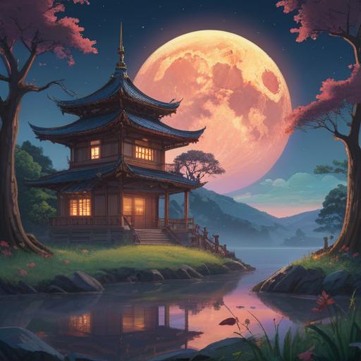 A serene night scene illuminated by a full moon, ethereal glow, mystical landscapes, spiritual symbols in the foreground, peaceful nature setting, soft clouds, tranquil water reflecting the moonlight, gentle forest rustling, harmonious energy, 4k