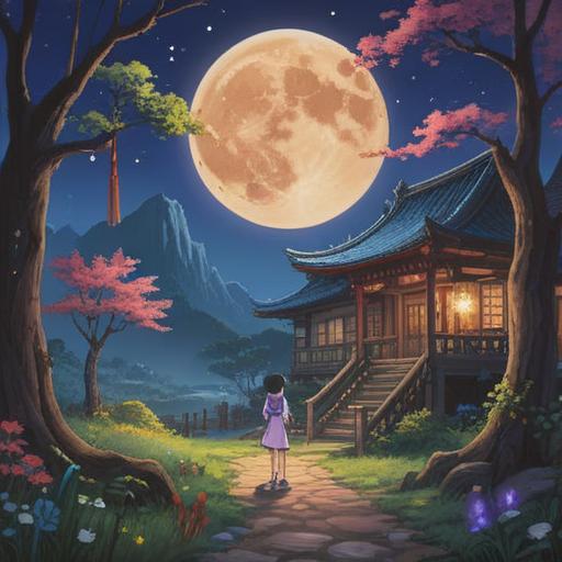 A serene night scene featuring a bright, full moon illuminating a peaceful landscape, symbolizing good luck, traditional lucky items like a four-leaf clover and a horseshoe, gentle shadows cast by moonlight, vibrant colors reflecting the tranquility of the night, enchanting atmosphere, a sense of hope and positivity, 4k