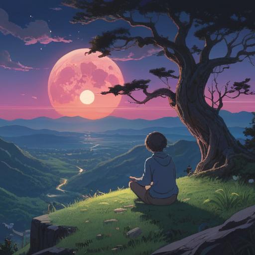A serene night scene under a full moon, glowing softly in the sky, a person meditating peacefully on a hilltop, surrounded by lush trees and twinkling stars, subtle beams of moonlight illuminating the figure, a sense of calm and energy in the air, nature's tranquility, spirituality and mindfulness, 4k
