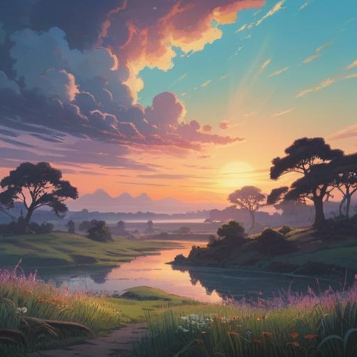 A serene morning landscape at dawn, soft pastel colors illuminating the sky, ethereal light breaking through the clouds, silhouette of a meditative figure in a tranquil pose, gentle nature surrounding, signs of spiritual awakening, warm and comforting atmosphere, symbols of peace and harmony, 4k