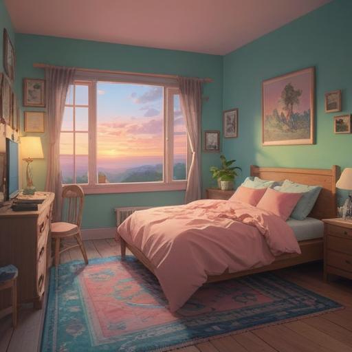 A serene scene depicting the gentle light of dawn, soft pastel colors filling the sky, a person waking up in a tranquil bedroom, surrounded by symbols of spirituality like crystals and feathers, subtle ethereal glow illuminating the room, peaceful expression on the person's face, infused with a sense of mindfulness, dreamlike atmosphere, 4k