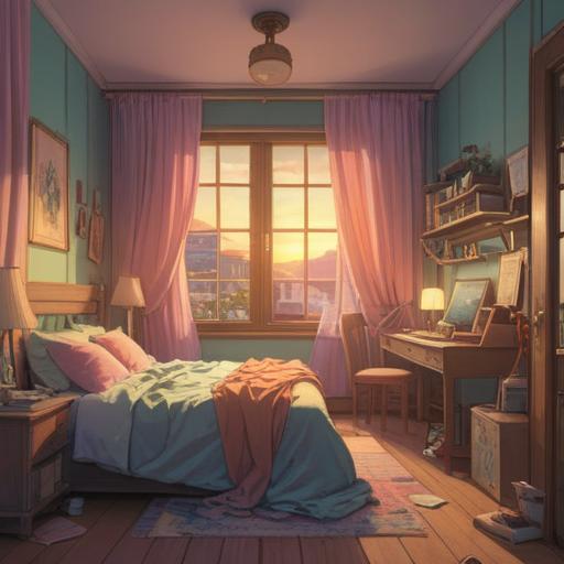 A serene morning scene, soft pastel colors, delicate light filtering through curtains, a cozy bedroom with a glimpse of dawn, a person's relaxed posture in bed, symbols of lucky colors around, peaceful atmosphere, hopeful and fresh start, 4k