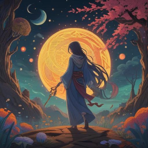 A mystical representation of the spiritual significance of death anniversaries, ethereal motifs, symbolic numbers intertwined with celestial elements, tranquil landscape in the background, illuminated by soft moonlight, serene and reflective atmosphere, delicate flowers and candles, 4k