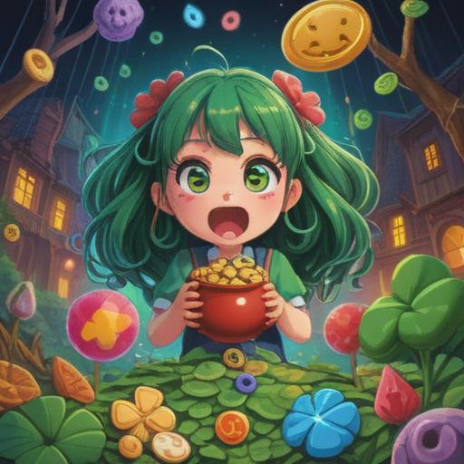 A playful and whimsical scene, featuring a character looking surprised and amused, surrounded by various lucky charms like four-leaf clovers and rabbits' feet, bright colors, dynamic poses, cheerful atmosphere, cartoon style, light-hearted expressions, a sunny park background, playful interactions with friends, 4k