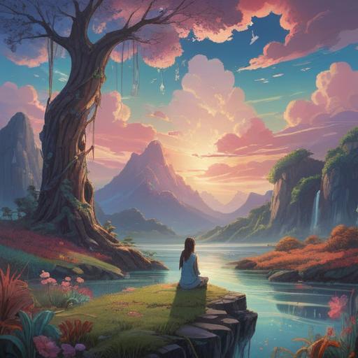 A serene and mystical landscape, ethereal light, a peaceful figure meditating, surrounded by swirling memories represented as wisps of cloud, soft pastel colors, an aura of tranquility, deep connection to the mind and spirit, symbolic imagery reflecting the essence of forgetting, harmonious balance between chaos and peace, 4k