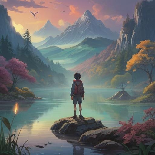 A serene and ethereal scene depicting a person standing at the edge of a tranquil lake, surrounded by misty mountains, soft light filtering through the trees, a gentle aura radiating from the individual, symbolizing the connection between their name and spiritual mission, reflective water mirroring the landscape, peaceful and introspective mood, vivid colors, 4k