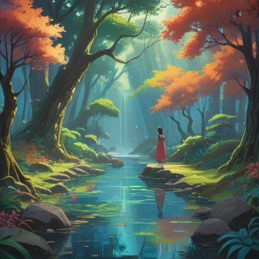 A mystical scene depicting the essence of spiritual awareness, calming aura, ethereal light, nature elements like trees and water, serene atmosphere, gentle spirits in the background, symbolic representation of mindfulness, harmonious balance, sacred geometry, vibrant colors, 4k