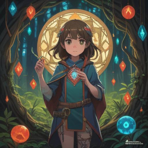 An enchanted talisman representing destiny, intricate design, glowing symbols, vibrant colors, whimsical forest setting, magical aura, protagonist holding the item, confident expression, 4k