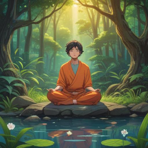 A serene and focused scene depicting a person meditating in a tranquil nature setting, vibrant energy flowing around them, symbols of personal growth and self-discovery, sunlight filtering through the trees, calm water reflecting the surroundings, harmonious atmosphere, peaceful expression, natural beauty, 4k