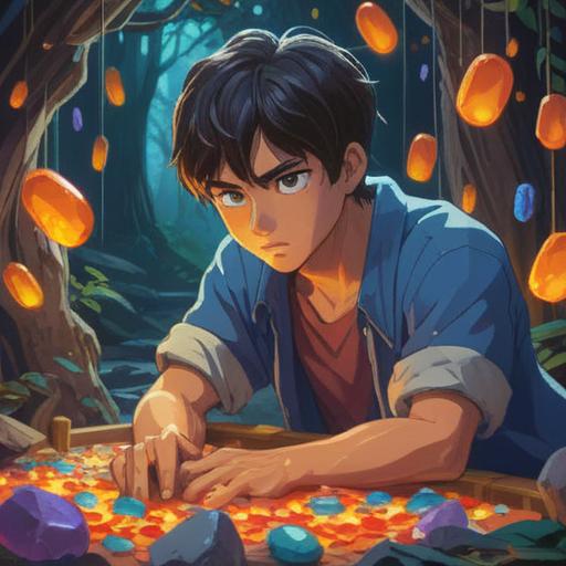 A vibrant illustration of a man embracing his life as a yoked son-in-law, surrounded by glowing lucky stones symbolizing wealth and prosperity, serene family setting, warm sunlight filtering through the trees, joyful expressions, cultural elements reflecting tradition and family bonds, 4k