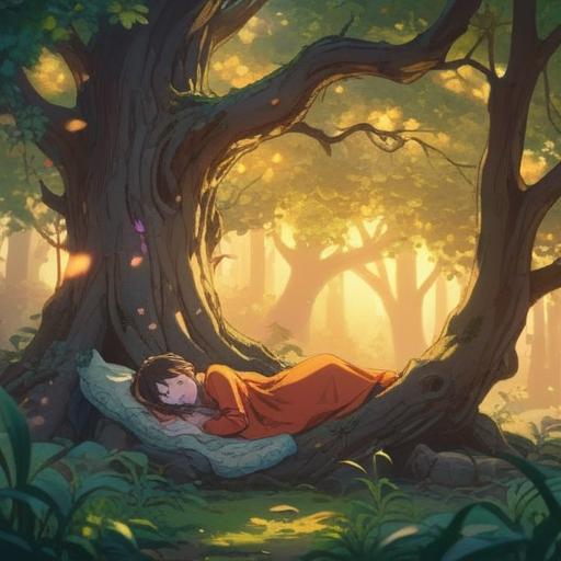 A serene and dreamlike scene depicting a person napping under a large, ancient tree, soft sunlight filtering through the leaves, ethereal wisps of energy surrounding them, illustrating the hidden spiritual meaning of deep sleep, tranquil expression, harmonious nature, mystical elements, 4k