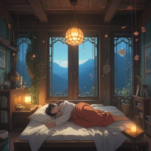 A serene and ethereal scene depicting a person in a peaceful slumber, soft light enveloping them, surrounded by glowing symbols of spirituality, gentle waves of energy radiating from their body, a tranquil environment with nature elements, mystical aura, dreamlike quality, harmonious balance, 4k
