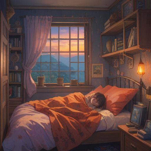 A dreamy scene depicting a person struggling to stay awake, soft light filtering through a cozy bedroom window, ethereal motifs surrounding, sleepy expressions conveying deep fatigue, subtle glowing symbols representing spiritual signs, inviting atmosphere, gentle color palette, 4k