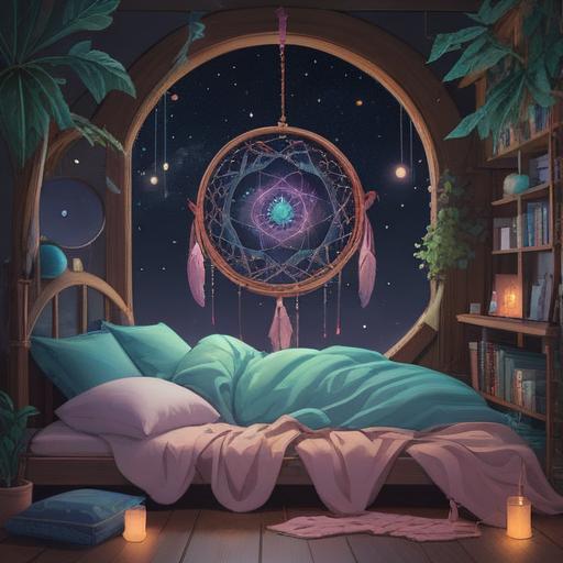 A serene illustration depicting a mystical sleep aid, a dreamcatcher glowing softly, surrounded by twinkling stars and crescent moons, embodying tranquility and calm, a cozy bedroom setting with faint light, pillows and blankets inviting rest, an ethereal aura radiating luck and peaceful energy, 4k