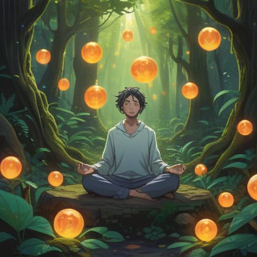 A serene and peaceful scene depicting a person meditating in a lush forest, surrounded by glowing orbs of light representing spiritual energy, gentle sunlight filtering through the trees, harmonious nature sounds, a sense of calm and tranquility, ethereal atmosphere, vibrant greenery, soft colors, restorative connection with nature, 4k