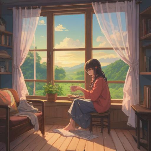 A serene morning routine scene, a person savoring a cup of tea by the window, gentle sunlight filtering through sheer curtains, a soft and cozy atmosphere, peaceful expressions, warm colors, a neatly arranged desk with a journal and a plant, reflecting calm and stability, harmonious lifestyle, 4k