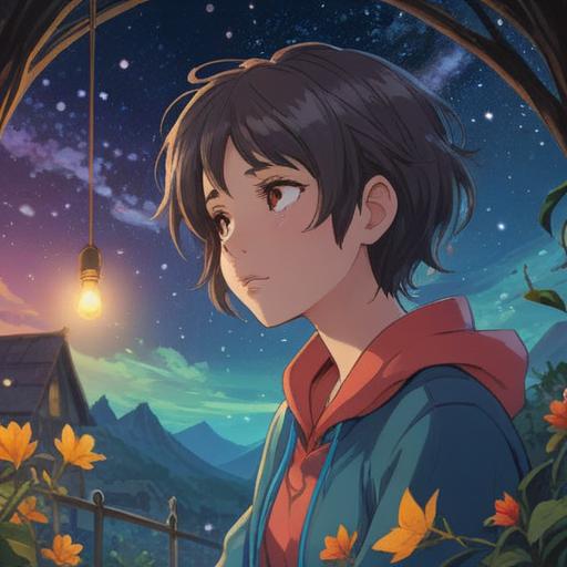 A serene and ethereal scene depicting a person gazing at the stars, deep contemplation, mystical aura, feelings of longing and connection, vibrant cosmic elements, a gentle breeze, soothing colors, soft light illuminating the figure, spiritual reflection, 4k