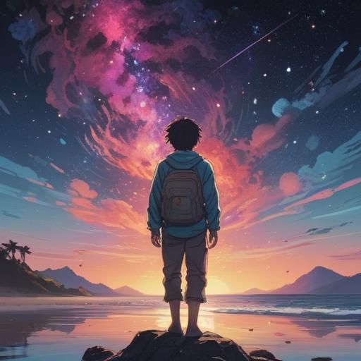 A serene and mystical scene depicting a person standing on a tranquil shore, gazing at the starry night sky, filled with bright constellations, representing longing and connection, surrounded by soft waves reflecting the moonlight, a gentle aura of peace and spirituality, emphasizing a sense of guidance and intuition, ethereal colors, calming atmosphere, inspiring sense of wonder, 4k