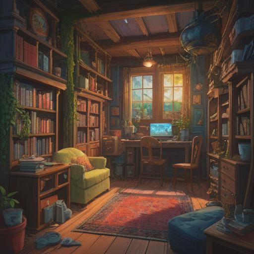 A cozy interior scene, a cluttered room being organized, a variety of lucky items scattered around, such as a four-leaf clover, a lucky cat figurine, a shiny coin, vibrant colors, warm lighting, a sense of motivation, inviting atmosphere, cheerful ambiance, 4k