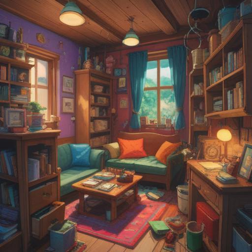 A vibrant illustration of a cozy room filled with colorful boxes and cheerful organization tools, an animated character smiling as they tidy up, bursts of energy represented by bright light and playful patterns, a sense of joy and accomplishment in the air, inviting atmosphere, 4k