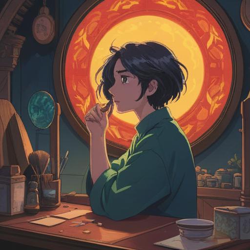 A thought-provoking scene illustrating the impulse to cut hair, symbolic representation of spiritual signs, a person contemplating their reflection in a mirror, elements of transformation and renewal, subtle energies surrounding them, vibrant colors symbolizing different emotions, ethereal atmosphere, spiritual symbols subtly woven into the background, 4k