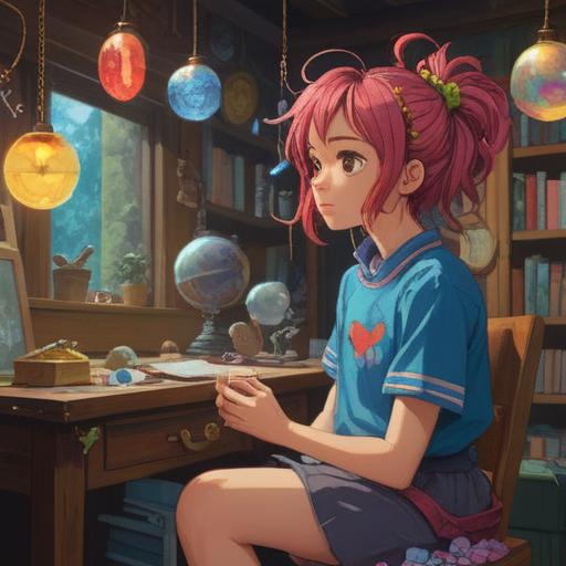 A whimsical scene depicting a character with vibrant hair contemplating a haircut, surrounded by lucky charms and magical items, bright colors, an enchanted mirror reflecting their new look, a serene atmosphere, elements of nature like flowers and butterflies symbolizing change, soft lighting, 4k