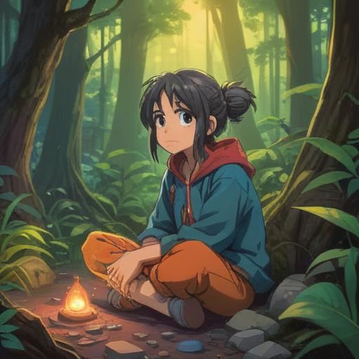 A serene scene depicting a person sitting cross-legged in a tranquil forest, surrounded by nature, holding a polished lucky stone in their hands, closed eyes reflecting calmness, gentle sunlight filtering through the trees, soft moss underfoot, symbols of intuition and inner peace in the background, inviting atmosphere, 4k
