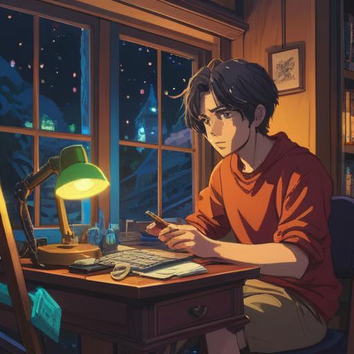 A contemplative scene depicting a person sitting at a desk, looking thoughtfully at an old phone, a soft glow illuminating the surroundings, symbolic representation of self-discovery through silence, scattered notes and books about personal growth, a calming ambiance, hints of introspection and reflection, 4k