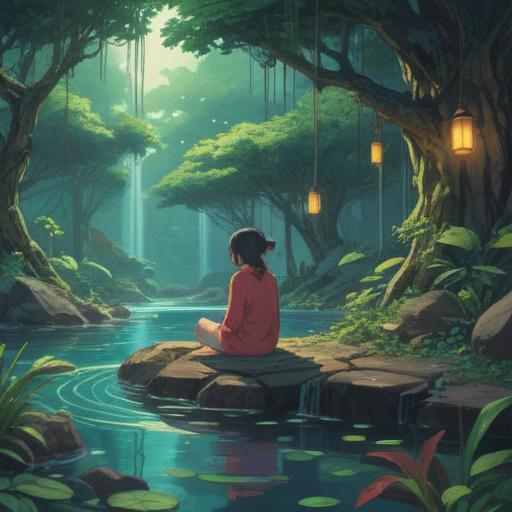 A serene and contemplative scene, depicting a person sitting in a peaceful natural setting, surrounded by gentle flowing water and lush greenery, soft sunlight filtering through the trees, expression of deep introspection, symbolizing spiritual growth and acceptance, calm and relaxing atmosphere, 4k