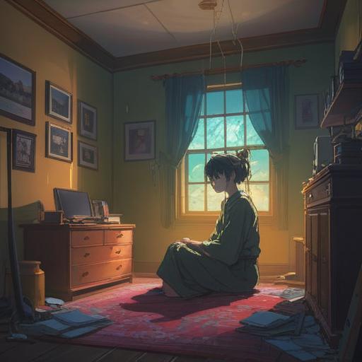 A quiet, introspective scene depicting a figure sitting alone in a dimly lit room, surrounded by ethereal shadows, wisps of energy representing spiritual signs floating in the air, a window showing a soft, overcast sky, subtle hints of nature outside, reflective facial expression conveying lethargy and contemplation, warm yet muted color palette, atmospheric and thought-provoking imagery, 4k