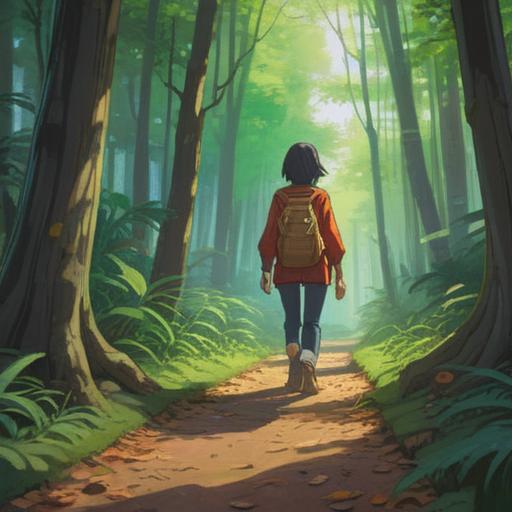 A serene landscape depicting a person walking along a tranquil path in a sunlit forest, gentle light filtering through the leaves, a sense of peace and reflection, symbolic elements such as a calm river and blooming flowers representing personal growth, vibrant colors, soothing atmosphere, detailed nature scenery, 4k