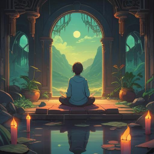 A serene and minimalistic scene depicting a person sitting in meditation among a vast emptiness, ethereal light surrounding them, symbolic spiritual signs like floating orbs and faint whispers in the air, gentle colors reflecting tranquility, peaceful expression on the person's face, emphasizing self-reflection and awareness of the spiritual realm, 4k