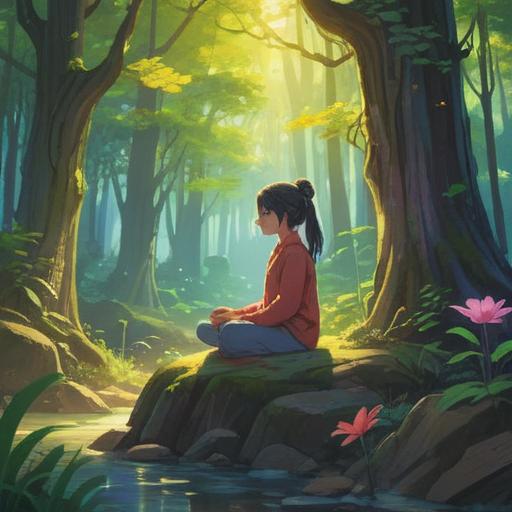 A serene and uplifting scene depicting personal growth, a tranquil nature setting, soft sunlight filtering through trees, a figure meditating by a peaceful river, vibrant flowers blooming around, gentle breeze creating ripples on the water, warm and inviting colors, symbolizing inner peace and healing, 4k