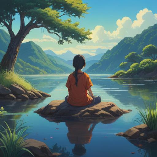 A serene and ethereal landscape representing the concept of emptiness, tranquil waters reflecting a clear sky, a solitary figure meditating on a mountain peak, soft light illuminating the scene, surrounded by nature, conveying profound stillness and spiritual awakening, harmonious colors, calming atmosphere, 4k