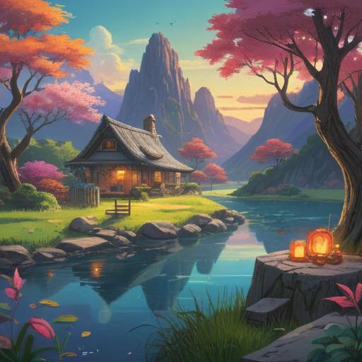 A serene and tranquil scene depicting a collection of lucky items, an ancient charm, a small crystal, and a peaceful landscape background, evoking a sense of calm and introspection, vibrant colors blending harmoniously, softly glowing items, subtle rays of light illuminating the objects, encouraging a feeling of approaching a state of emptiness, mystical aura, 4k