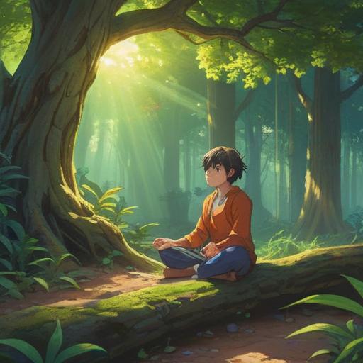 A serene landscape depicting a person meditating under a large tree, surrounded by tranquil nature, soft rays of sunlight breaking through the leaves, various enriching items like books, plants, and crystals scattered around, conveying a sense of peace and self-discovery, harmonious colors, calming atmosphere, gentle details, 4k