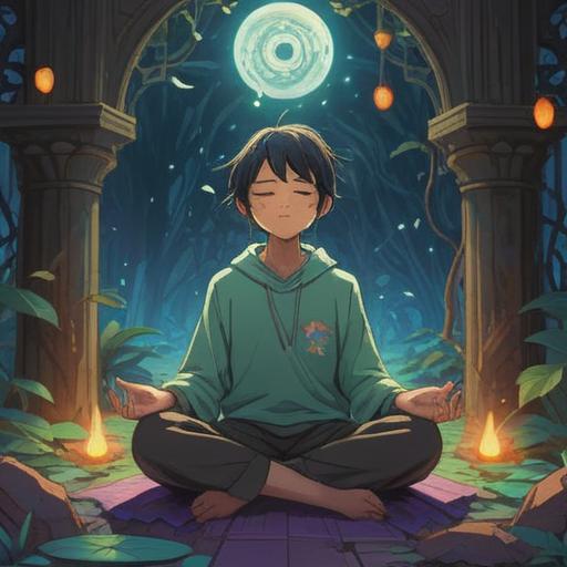 A serene and mystical illustration, glowing symbols in the air, gentle ethereal light, a person meditating with closed eyes, surrounded by floating objects representing lost items, soft color palette, tranquil atmosphere, elements of nature intertwined with spiritual icons, detailed forest background, 4k