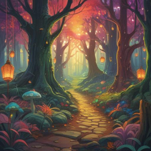 A whimsical illustration of a lucky charm, vibrant colors, depicted in a magical forest, sparkling light surrounding the charm, an open treasure chest revealing forgotten items, enchanting atmosphere, detailed elements symbolizing luck, imaginative and playful style, illustrating the concept of rediscovery, 4k