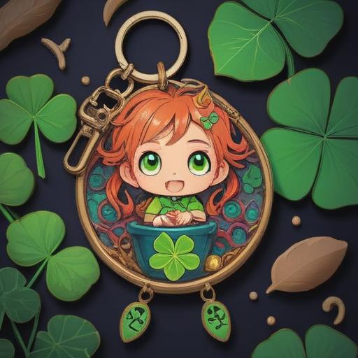 A whimsical illustration of a lucky charm for lost items, featuring a small, cute keychain shaped like a four-leaf clover, surrounded by scattered personal belongings like keys, wallets, and phones, bright and cheerful colors, magical sparkles around the charm, emphasizing hope and good fortune, enchanting atmosphere, detailed textures, 4k