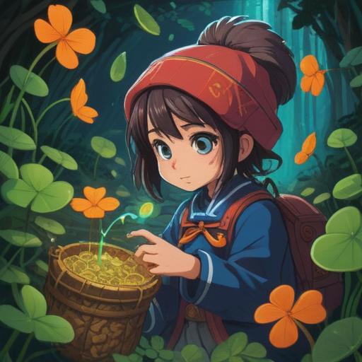 A vibrant illustration depicting a person finding a lost item, surrounded by symbols of luck, such as four-leaf clovers, lucky charms, and a bright rainbow, an uplifting atmosphere, warm sunlight shining down, expressions of joy and relief on the person's face, detailed background with a serene park setting, bright colors, hope and positivity, 4k