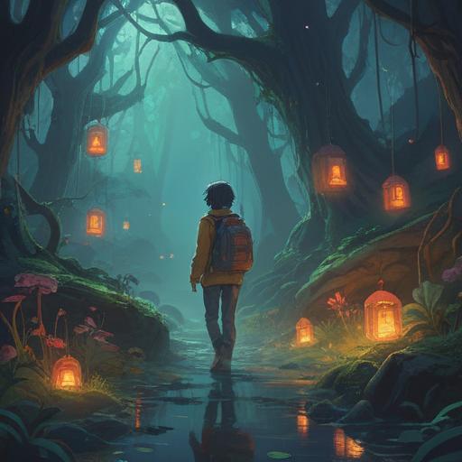 A mystical landscape depicting a person searching for lost items, surrounded by floating ethereal objects symbolizing memories, a foggy forest backdrop, soft glowing lights illuminating the scene, a sense of introspection and spiritual awakening, rich colors, detailed textures, serene atmosphere, 4k