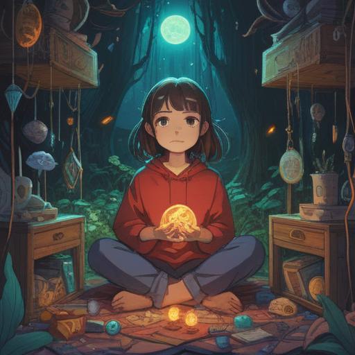 A whimsical illustration depicting a person surrounded by lost items, glowing with ethereal light, symbols of spiritual awakening, serene facial expression, nature elements like flowers and soft clouds, vibrant colors, uplifting atmosphere, 4k